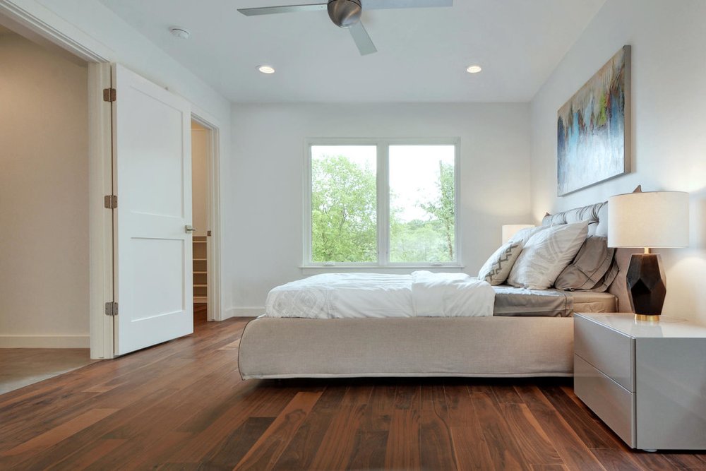 bedroom with hardwood floor Peoples Signature Flooring Austin Texas, Walnut Natural 5 Inch